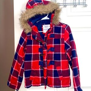 Justice Girls Red and Blue Plaid Toggle Coat with Faux Fur Hood Sz 14